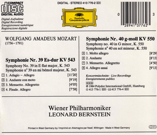 Wolfgang Amadeus Mozart, Wiener Philharmoniker, Leonard Bernstein : Symphonien No.39•No.40 (CD, Album)
