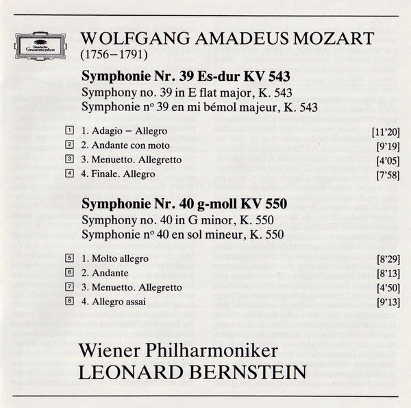 Wolfgang Amadeus Mozart, Wiener Philharmoniker, Leonard Bernstein : Symphonien No.39•No.40 (CD, Album)