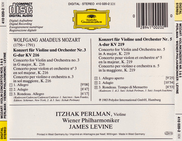 Wolfgang Amadeus Mozart • Itzhak Perlman • Wiener Philharmoniker • James Levine (2) : Violinkonzerte - Violin Concertos Nos. 3 & 5 (CD, Album)