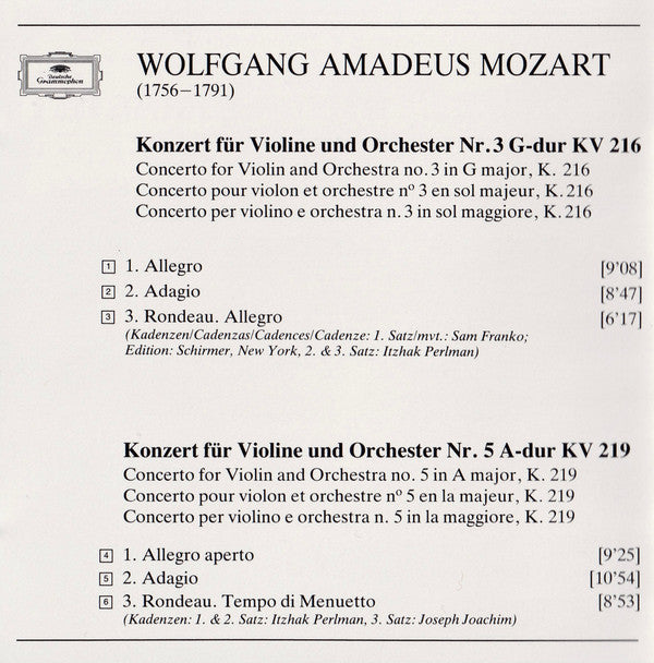 Wolfgang Amadeus Mozart • Itzhak Perlman • Wiener Philharmoniker • James Levine (2) : Violinkonzerte - Violin Concertos Nos. 3 & 5 (CD, Album)