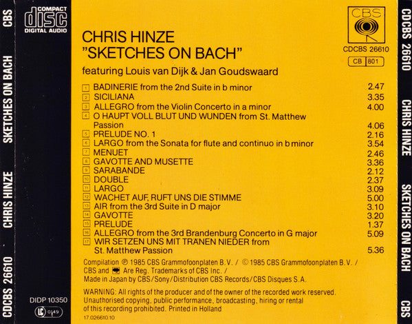 Chris Hinze : Sketches On Bach - The Best Of The Bach Recordings (CD, Comp)