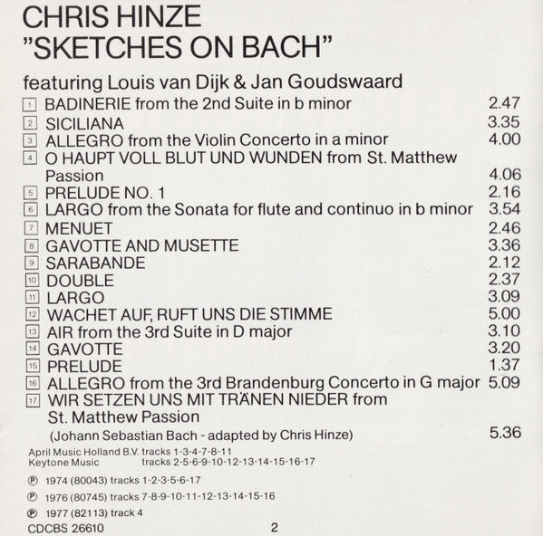 Chris Hinze : Sketches On Bach - The Best Of The Bach Recordings (CD, Comp)