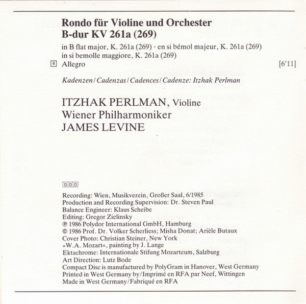 Wolfgang Amadeus Mozart - Wiener Philharmoniker, Itzhak Perlman, James Levine (2) : Violinkonzert No. 1 • Adagio K.261 • Rondo K.373 • Rondo K.261a (CD, Album)
