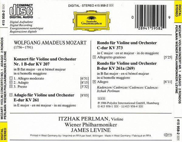 Wolfgang Amadeus Mozart - Wiener Philharmoniker, Itzhak Perlman, James Levine (2) : Violinkonzert No. 1 • Adagio K.261 • Rondo K.373 • Rondo K.261a (CD, Album)