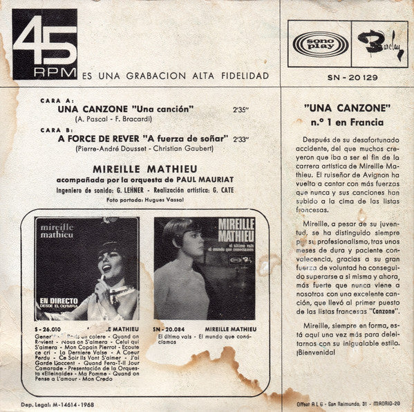 Mireille Mathieu : Una Canzone (7", Single)