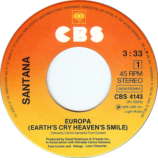 Santana : Europa (Earth's Cry Heaven's Smile) (7", Single)