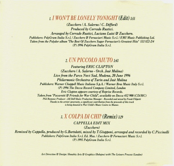 Zucchero : I Won't Be Lonely Tonight (CD, Single)