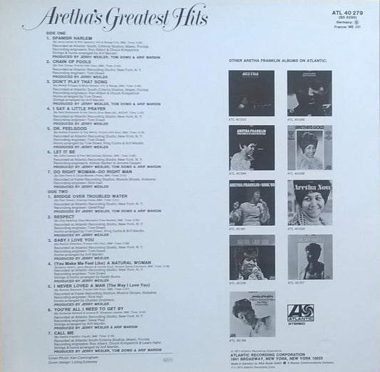 Aretha Franklin : Aretha's Greatest Hits (LP, Comp, RE)