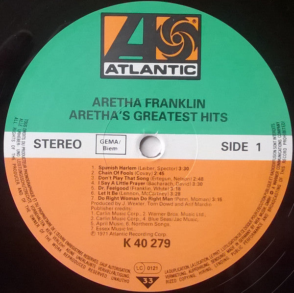 Aretha Franklin : Aretha's Greatest Hits (LP, Comp, RE)
