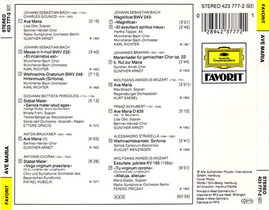 Johann Sebastian Bach / Charles Gounod · Wolfgang Amadeus Mozart · Franz Schubert · Anton Bruckner · Johannes Brahms : Ave Maria (CD, Comp)