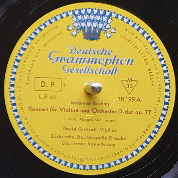 Johannes Brahms — David Oistrach , Violine· Staatskapelle Dresden · Dirigent: Franz Konwitschny : Konzert Für Violine Und Orchester D-Dur Op. 77 (LP, Album, Mono)