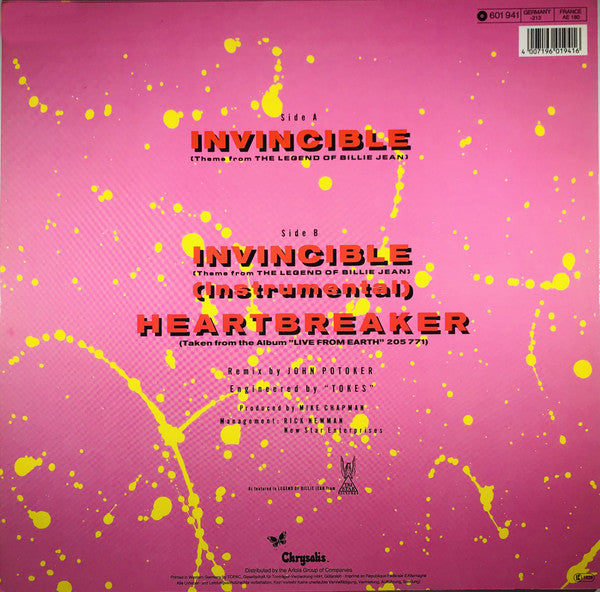 Pat Benatar : Invincible (Theme From The Legend Of Billie Jean) (Extended Remix) (12", Maxi)