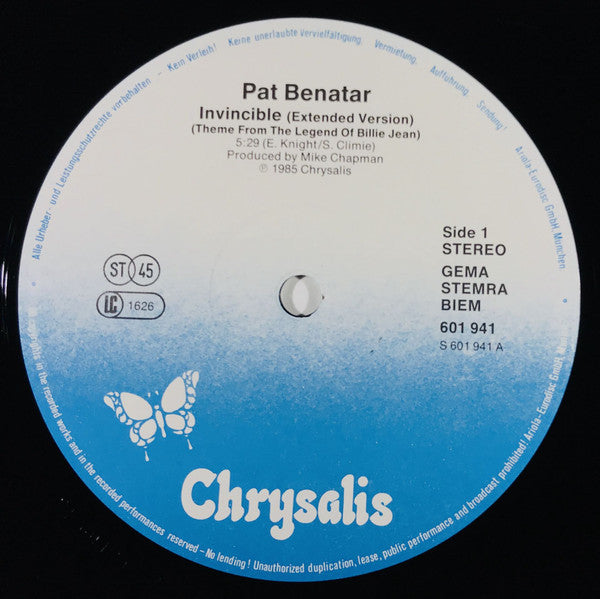 Pat Benatar : Invincible (Theme From The Legend Of Billie Jean) (Extended Remix) (12", Maxi)