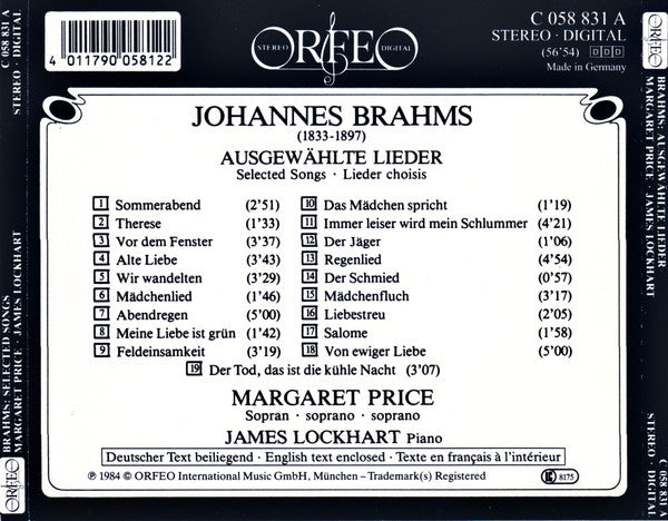Johannes Brahms - Margaret Price, James Lockhart : Lieder (CD, RP)