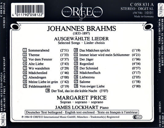 Johannes Brahms - Margaret Price, James Lockhart : Lieder (CD, RP)