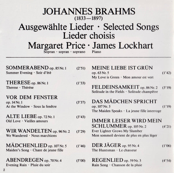 Johannes Brahms - Margaret Price, James Lockhart : Lieder (CD, RP)