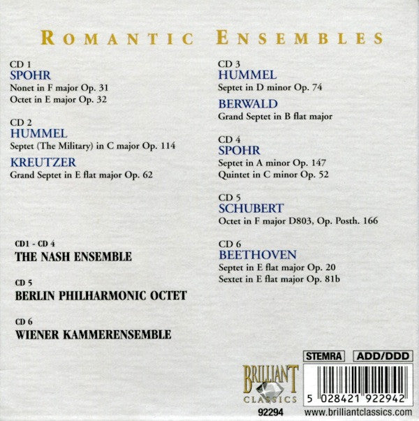 Louis Spohr, Johann Nepomuk Hummel, Franz Berwald, Konradin Kreutzer, Ludwig van Beethoven, Franz Schubert : Romantic Ensembles (Septets, Octets & Nonets) (6xCD + Box, Comp)