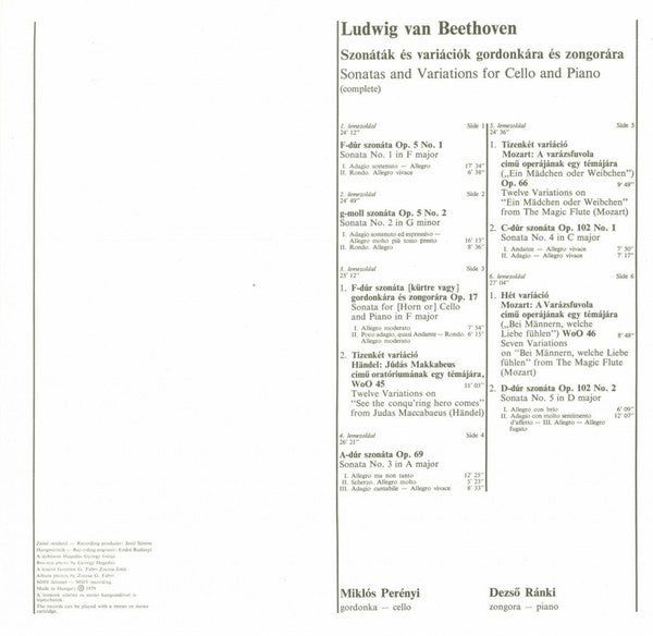 Ludwig van Beethoven, Miklós Perényi, Dezső Ránki : Sonatas And Variations For Cello And Piano (Complete) (3xLP + Box)