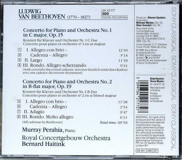 Ludwig van Beethoven - Murray Perahia, Concertgebouworkest, Bernard Haitink : Piano Concertos Nos. 1 & 2 (CD, Album, RE)