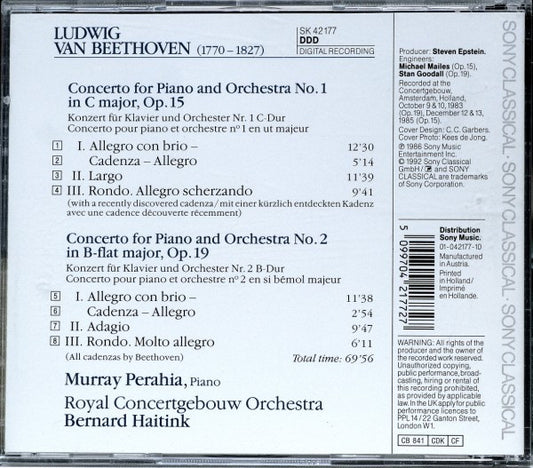 Ludwig van Beethoven - Murray Perahia, Concertgebouworkest, Bernard Haitink : Piano Concertos Nos. 1 & 2 (CD, Album, RE)