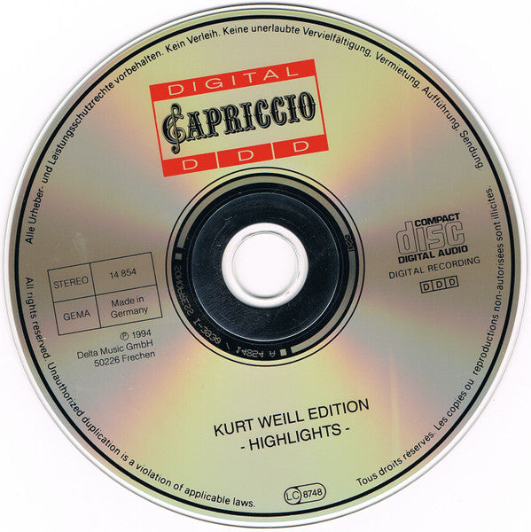 Kurt Weill : Kurt Weill Edition Highlights (CD, Comp)
