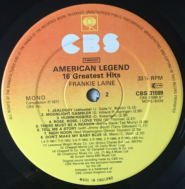 Frankie Laine : American Legend -16 Greatest Hits (LP, Comp, Mono)