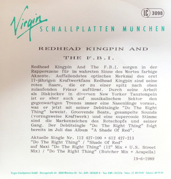 Redhead Kingpin And The FBI : Do The Right Thing (The Happiness Remix) (7", Single)