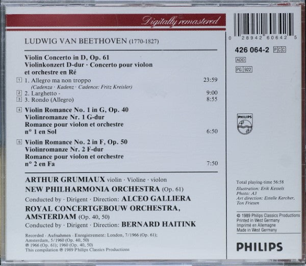 Ludwig van Beethoven, Arthur Grumiaux : Violin Concerto / Violin Romances Nos. 1 & 2 (CD, Comp, RM)