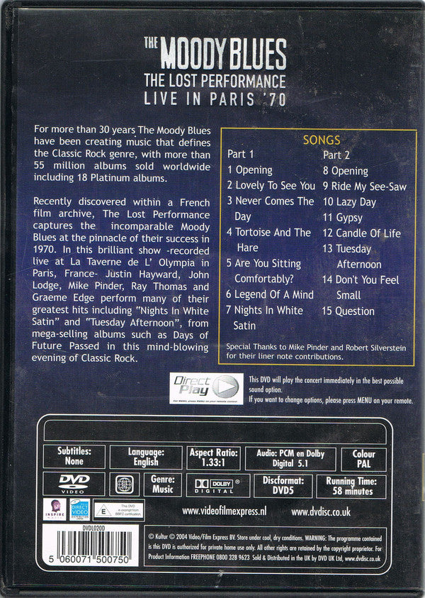 The Moody Blues : The Lost Performance [Live In Paris '70] (DVD, PAL)
