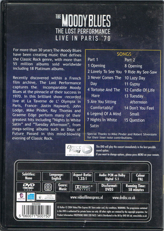 The Moody Blues : The Lost Performance [Live In Paris '70] (DVD, PAL)