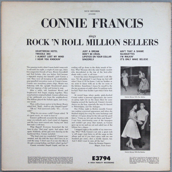 Connie Francis : Connie Francis Sings Rock N' Roll Million Sellers (LP, Mono, RP, MGM)