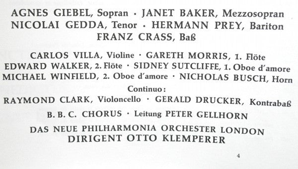 Johann Sebastian Bach, Agnes Giebel, Janet Baker, Nicolai Gedda, Hermann Prey, Franz Crass, BBC Symphony Chorus, New Philharmonia Orchestra, Otto Klemperer : H-Moll Messe BWV 232 (3xLP + Box)