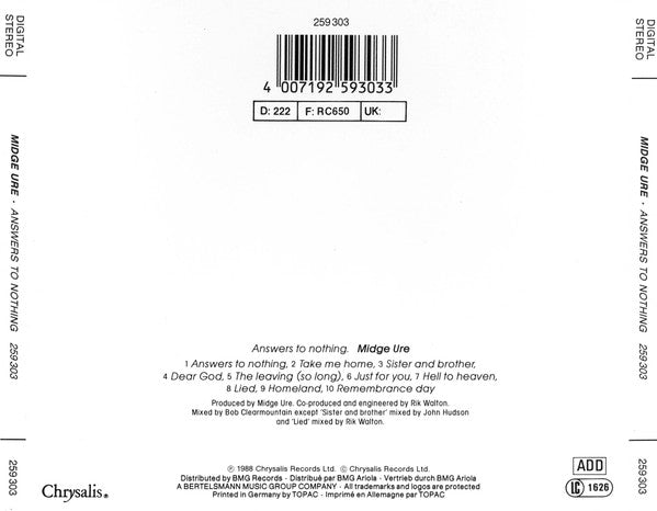 Midge Ure : Answers To Nothing (CD, Album)