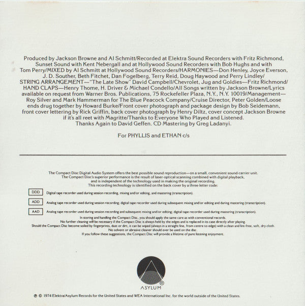 Jackson Browne : Late For The Sky (CD, Album, RE)