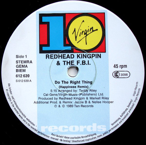 Redhead Kingpin And The FBI : Do The Right Thing (The Happiness Remix) (12", Single)