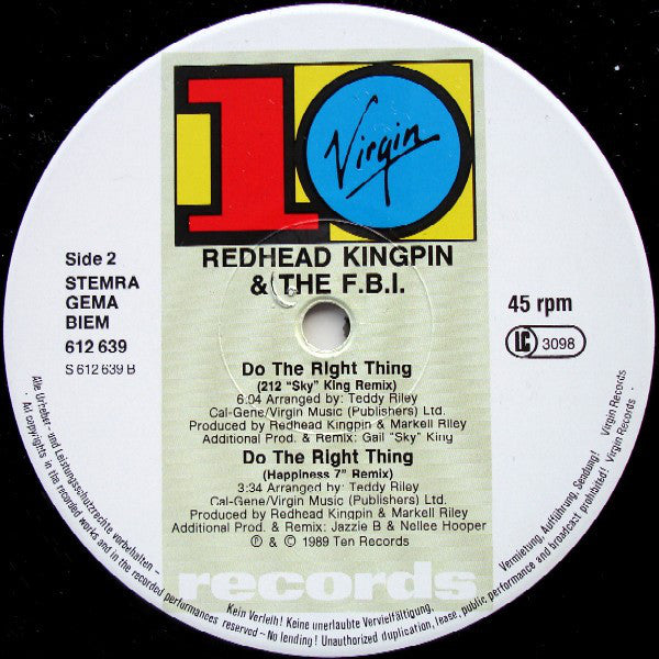Redhead Kingpin And The FBI : Do The Right Thing (The Happiness Remix) (12", Single)