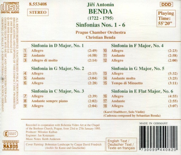 Georg Anton Benda, Prague Chamber Orchestra, Christian Benda : Sinfonias Nos. 1-6 (CD, Album)