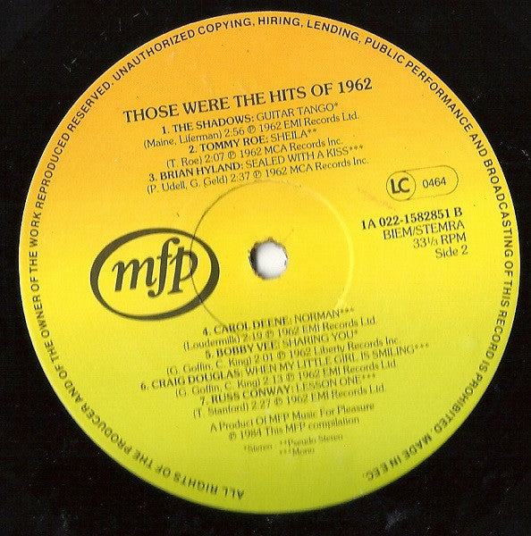 Various : Those Were The Hits Of 1962 (LP, Comp)