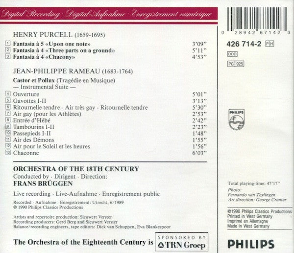 Jean-Philippe Rameau, Henry Purcell, Orchestra Of The 18th Century, Frans Brüggen : Suite «Castor Et Pollux» / 3 Fantasias (CD, Album)