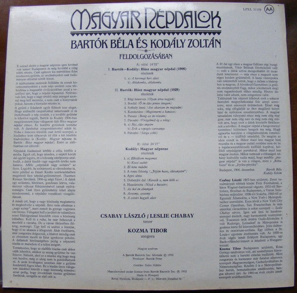 László Csabay, Tibor Kozma : Magyar Népdalok Bartók Béla És Kodály Zoltán Feldolgozásában (LP, Mono)