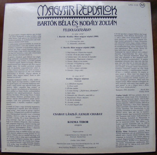 László Csabay, Tibor Kozma : Magyar Népdalok Bartók Béla És Kodály Zoltán Feldolgozásában (LP, Mono)