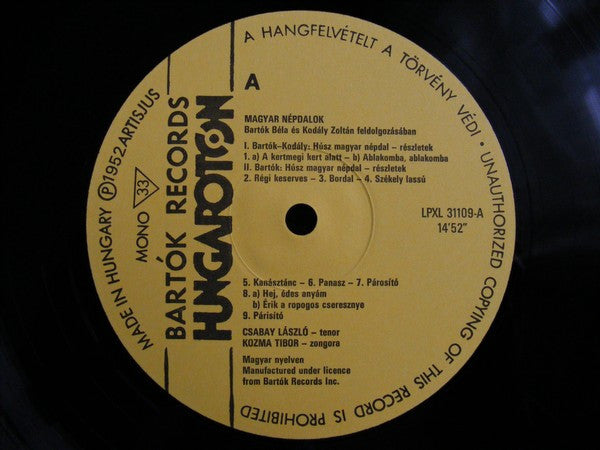 László Csabay, Tibor Kozma : Magyar Népdalok Bartók Béla És Kodály Zoltán Feldolgozásában (LP, Mono)