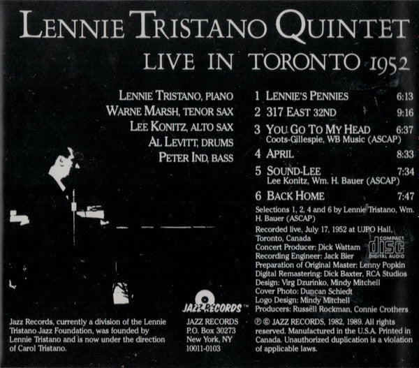 Lennie Tristano Quintet Featuring Warne Marsh And Lee Konitz : Live In Toronto 1952 (CD, Album, RE, RM)