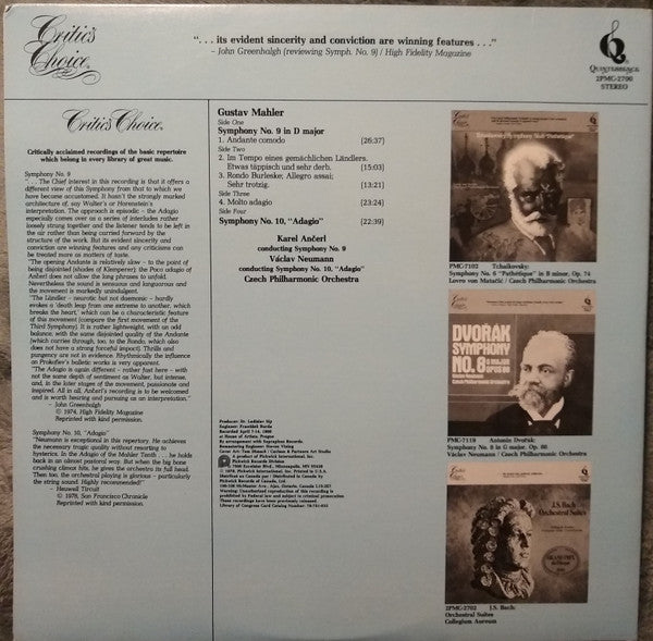 Gustav Mahler, Karel Ančerl, Václav Neumann, The Czech Philharmonic Orchestra : Symphony No. 9 And No. 10 "Adagio" (2xLP, Comp, RM)