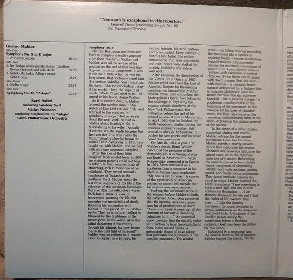 Gustav Mahler, Karel Ančerl, Václav Neumann, The Czech Philharmonic Orchestra : Symphony No. 9 And No. 10 "Adagio" (2xLP, Comp, RM)