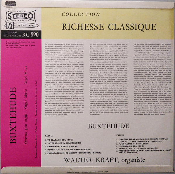 Dieterich Buxtehude - Walter Kraft : Œuvres Pour Orgue = Organ Music = Orgel Musik (LP)