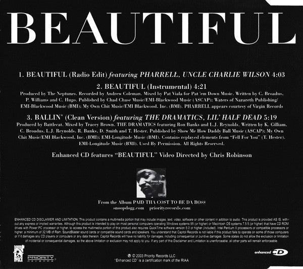 Snoop Dogg Featuring Pharrell Williams, Charlie Wilson : Beautiful (CD, Single, Enh)