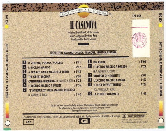 Nino Rota : Il Casanova Di Federico Fellini (CD, Album, RE)