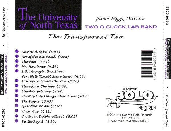 University Of North Texas Two O'Clock Lab Band : The Transparent Two (CD)
