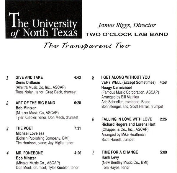 University Of North Texas Two O'Clock Lab Band : The Transparent Two (CD)